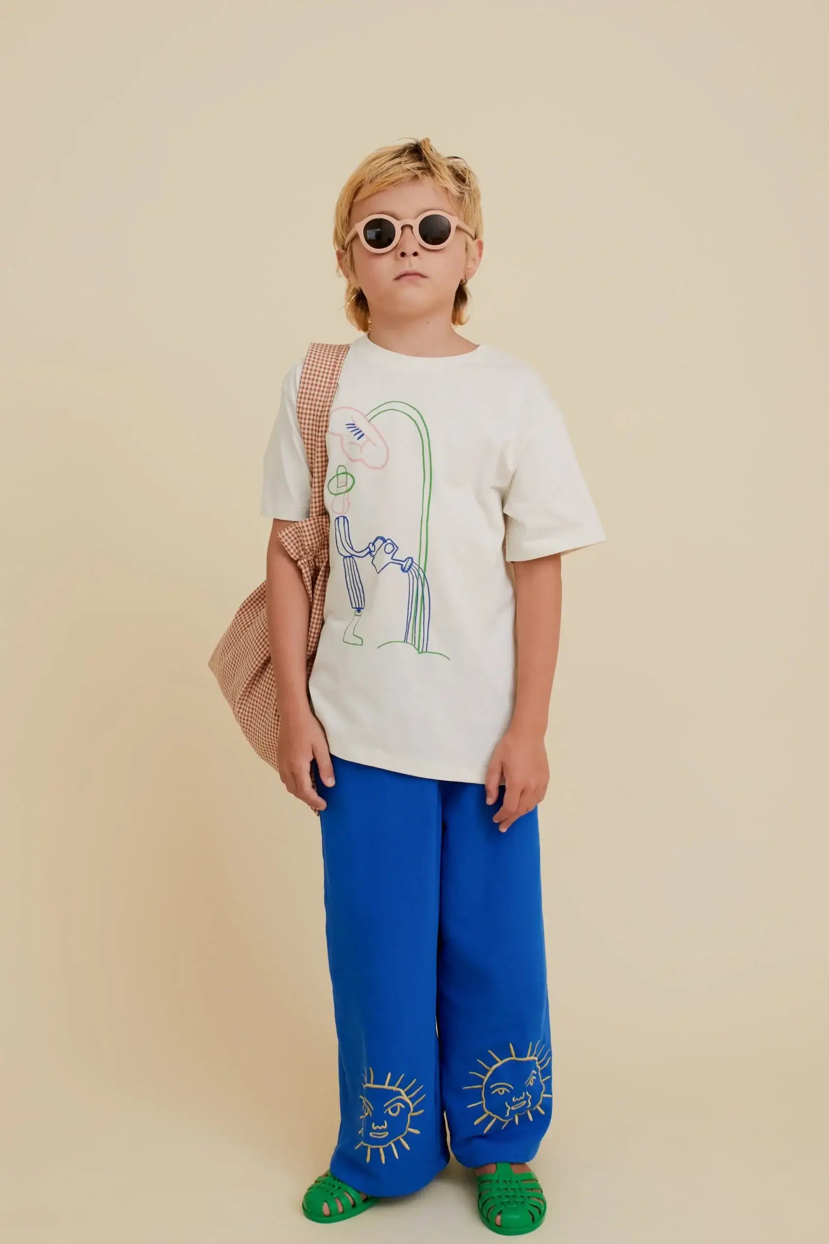 Wide-leg bukser med solbroderi